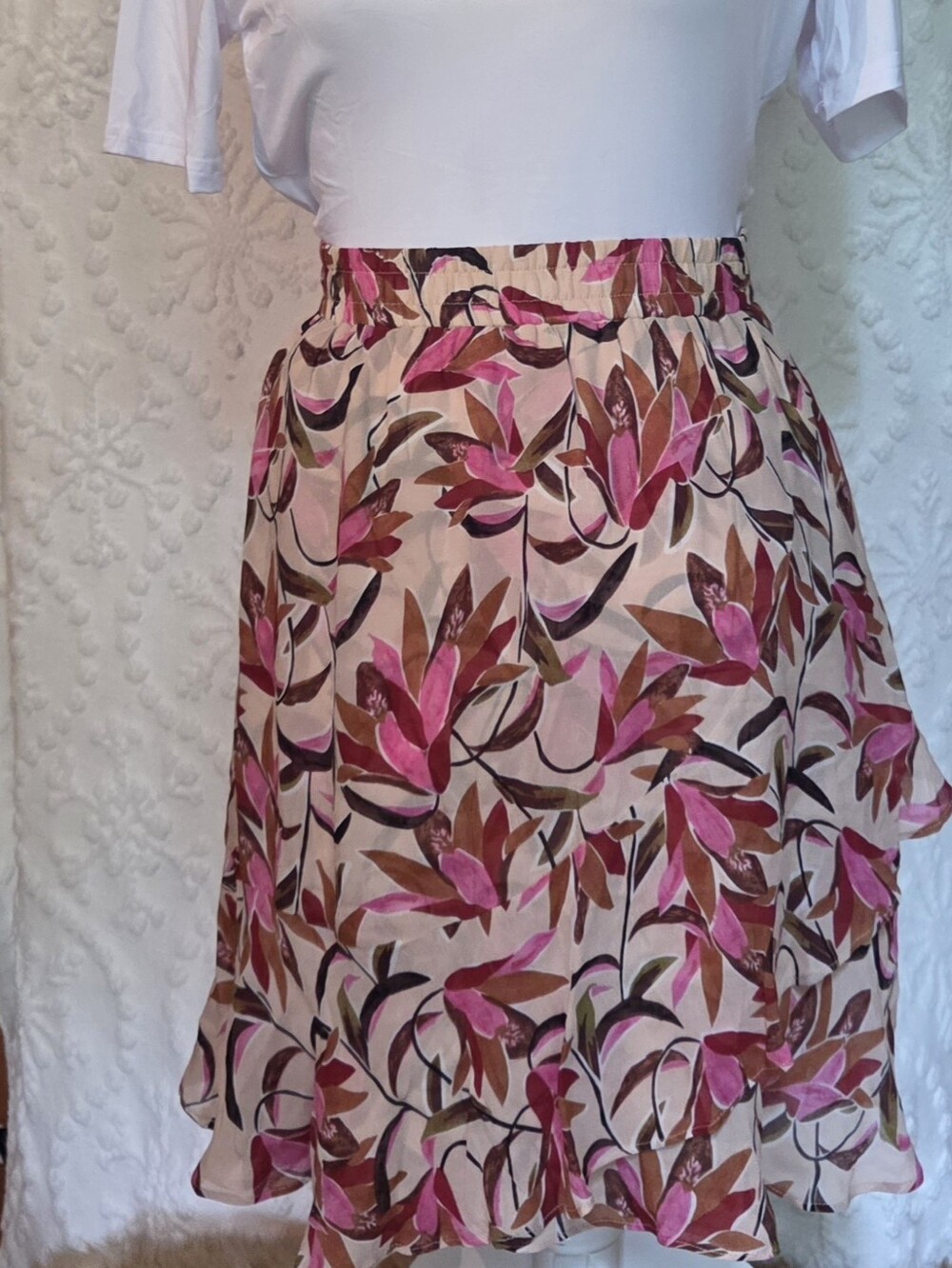 Esqualo Floral Pink & Brown Tiered A-Line Skirt